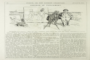 Eine handgezeichnete Skizze eines Mannes in Anzug und Krawatte, der vor einer Menge steht, mit einem ernsten Gesichtsausdruck, begleitet von Text auf demselben Papier.