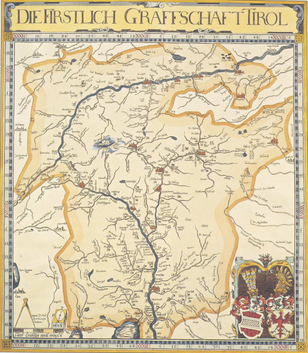 Ein detaillierter Plan der ersten deutschen Grafschaft Tirol mit geographischen Elementen wie Flüssen, Bergen und Städten sowie begleitendem Text und Bildern.