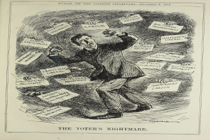 Ein Blatt mit einer Zeichnung eines Mannes im Anzug und Krawatte, der ein Schild hält mit der Aufschrift "Der Albtraum des Wählers", der Entschlossenheit und Selbstvertrauen ausstrahlt.