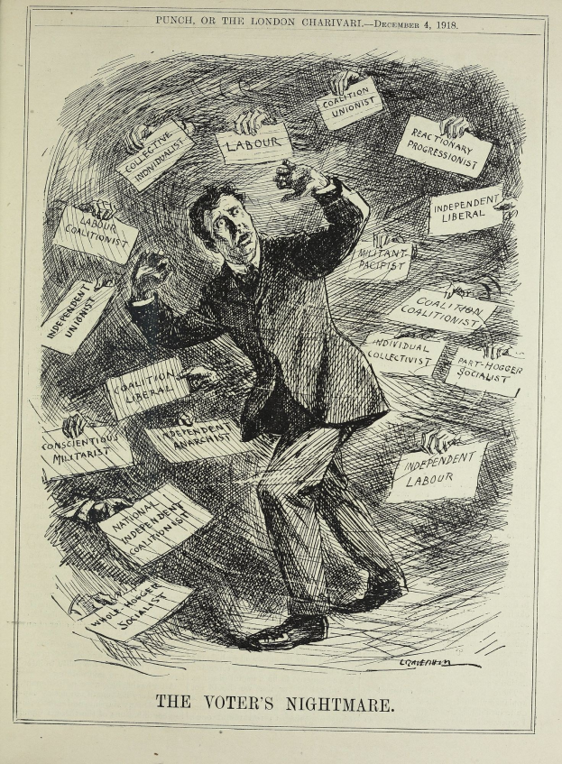 Ein Blatt mit einer Zeichnung eines Mannes im Anzug und Krawatte, der ein Schild hält mit der Aufschrift "Der Albtraum des Wählers", der Entschlossenheit und Selbstvertrauen ausstrahlt.