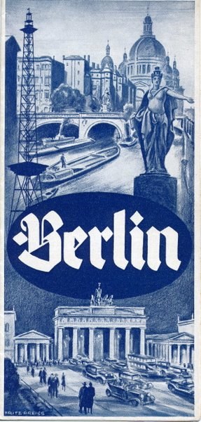 Plakat für Berlin, Deutschland, mit einer Statue, Gebäuden, einem Turm, Menschen, Fahrzeugen auf der Straße, einer Brücke und Text mit Stadtinformationen.
