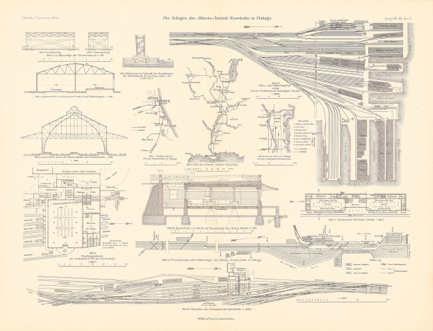 Eine detaillierte Zeichnung eines Bahnhofs, einschließlich Gleise, Bahnsteige und andere Strukturen, auf dem Cover eines alten Buches mit Text über die Geschichte des Bahnhofs.