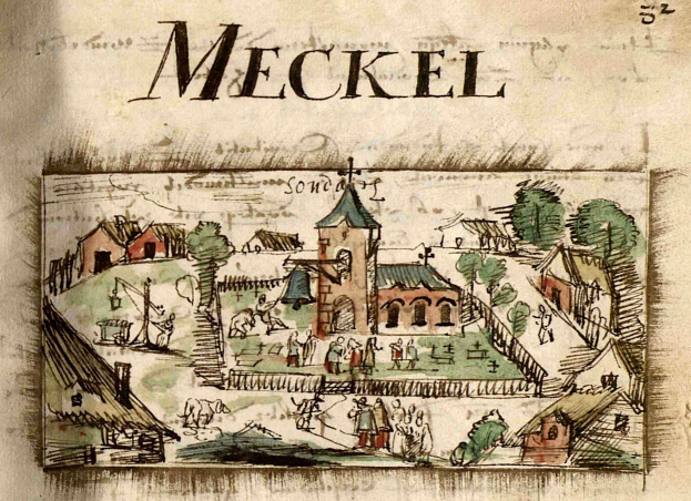 Ein altes Buch mit einer Zeichnung einer mittelalterlichen Stadt mit Häusern, Bäumen und Menschen, begleitet von beschreibendem Text.