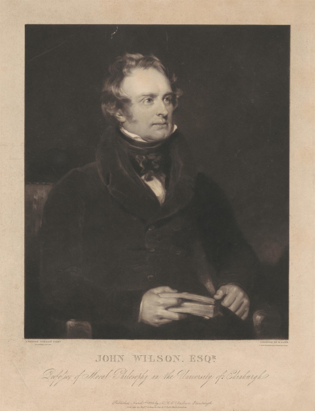 Portrait von John Wilson Esqr., dem Begründer der Moralphilosophie an der Universität Edinburgh, sitzend in einem Stuhl und ein Buch haltend, mit Text unten.