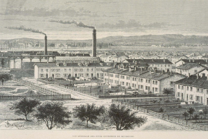 Schwarze und wei├če Illustration einer futuristischen Stadt mit Geb├Ąuden, Grün, einer ├Überquerung und Rauch, der aus Schornsteinen aufsteigt, vor Hügeln und einem bew├Âlktem Himmel, mit der Aufschrift "Barclay, die Stadt der Zukunft" unten.