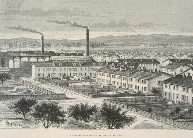 Schwarze und wei├če Illustration einer futuristischen Stadt mit Geb├Ąuden, Grün, einer ├Überquerung und Rauch, der aus Schornsteinen aufsteigt, vor Hügeln und einem bew├Âlktem Himmel, mit der Aufschrift "Barclay, die Stadt der Zukunft" unten.