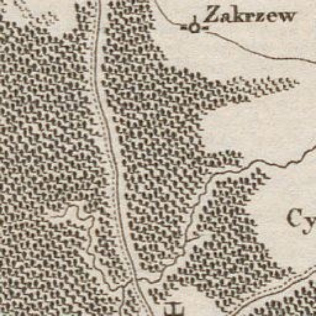 Ein detaillierter alter Stadtplan von Zakrzew, Polen, der Straßen, Gebäude, Sehenswürdigkeiten und begleitenden Text zeigt, der die Bevölkerung, Geschichte und Kultur der Stadt beschreibt.