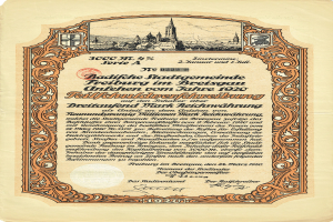 Altes deutsches Aktienzertifikat mit einer Stadtansicht und bedrucktem Text, der die Aktien Details angibt.