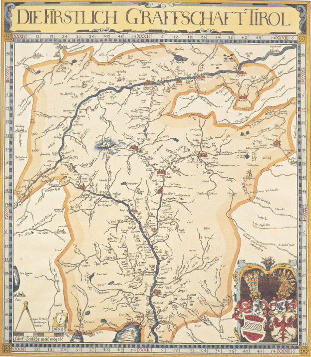 Ausführliches historisches Plakat der ersten deutschen Grafschaft Tirol-Karte, zeigt geografische Merkmale wie Flüsse, Berge und Städte, begleitet von erklärendem Text.