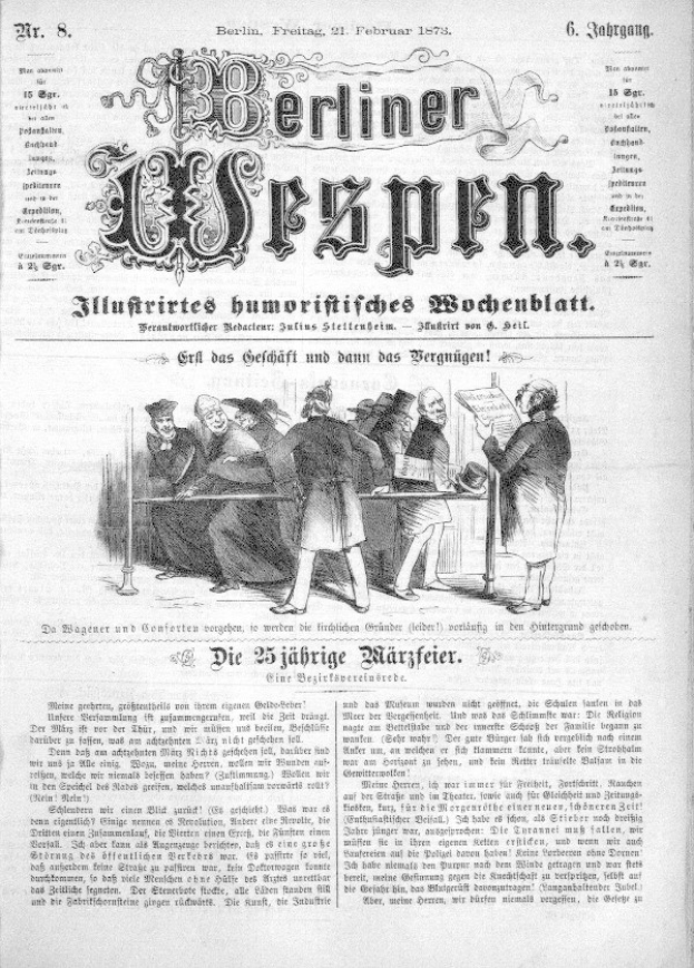 Alte deutsche Zeitung "Berliner Wespen" vom 21. Februar 1873 mit einer Gruppe von Menschen in traditioneller deutscher Kleidung, die sich unterhalten, mit deutscher Textbeschreibung.