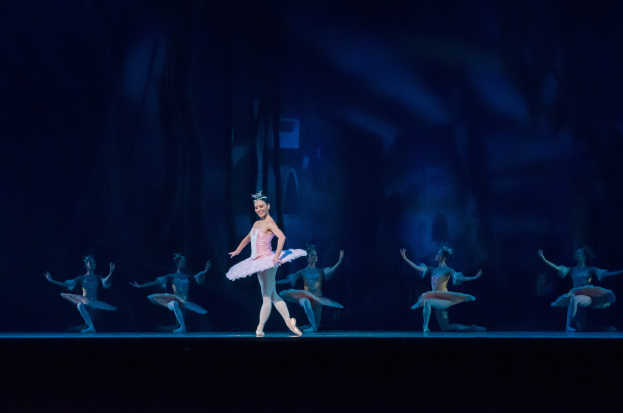 Eine Ballerina in einem rosafarbenen Tutu und Spitzenschuhen tanzt anmutig auf einer Bühne, umgeben von anderen Tänzern in ähnlichen Kostümen vor einem dunklen Hintergrund.