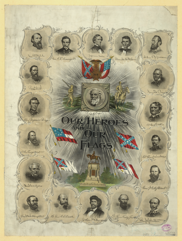 Ein Plakat mit verschiedenen Personen, bunten Flaggen und schwarzer, fetter Schrift, die "Unsere Helden und Unsere Flaggen" lautet.