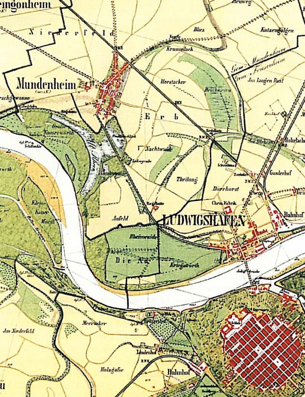 Alte detaillierte Karte von Ludwigschaften, Deutschland, mit Straßen, Gebäuden und Sehenswürdigkeiten und Textangaben zum Standort der Stadt.