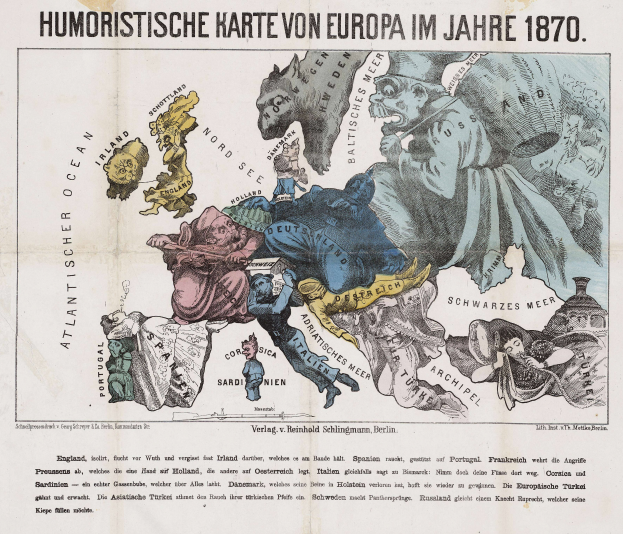 Ein Plakat mit einer Karte von Europa aus dem Jahr 1870, umgeben von Karikaturen und dem Text "Humoristische Karte von Europa im Jahre 1870".