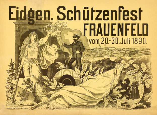Alter Plakatentwurf für das Eidgen├Âschützenfest in Frauenfeld, Deutschland, mit einem Mann in einem Anzug und einer Frau in einem Kleid nebeneinanderstehend und Ereignisinformationen im Text.