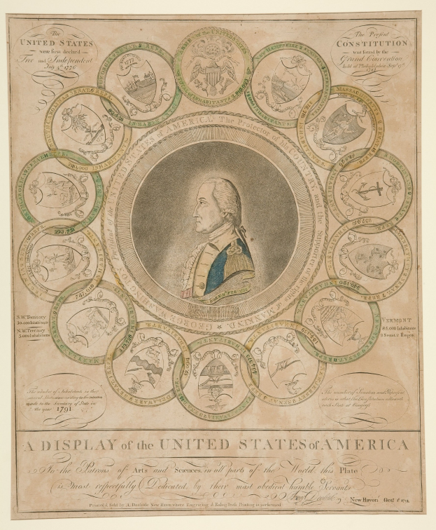 Porträt von George Washington in der Mitte einer kreisförmigen Anordnung von US-Münzen mit umgebendem Text.