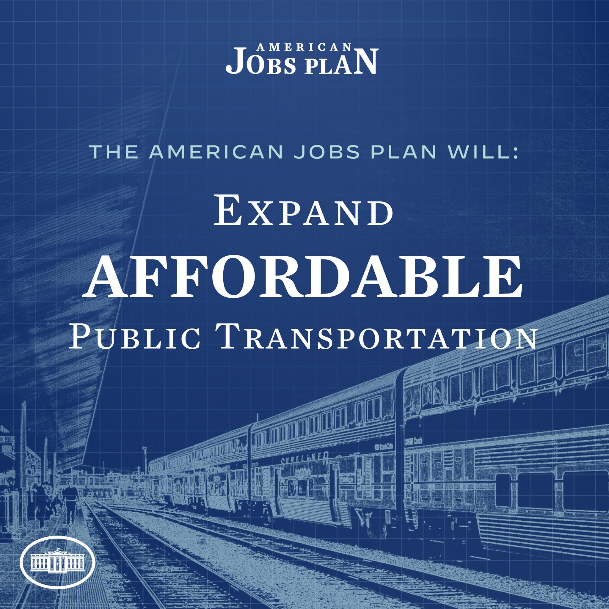 Plakat mit einem Zug auf einem Bahngleis mit mehreren Menschen in der Nähe, das 'The American Jobs Plan Will Expand Affordable Public Transportation' bewirbt.