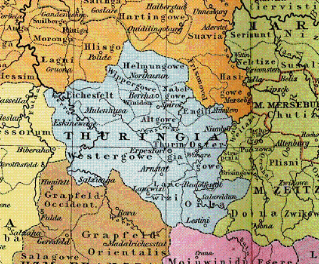 Eine Deutschlandkarte, die Thüringen hervorhebt und seine Grenzen, Städte und andere geografische Merkmale anzeigt.