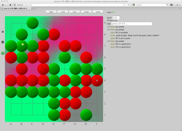 Ein Computermonitor, der ein Go-Spiel mit einem Gitter aus roten und grünen Kreisen anzeigt.