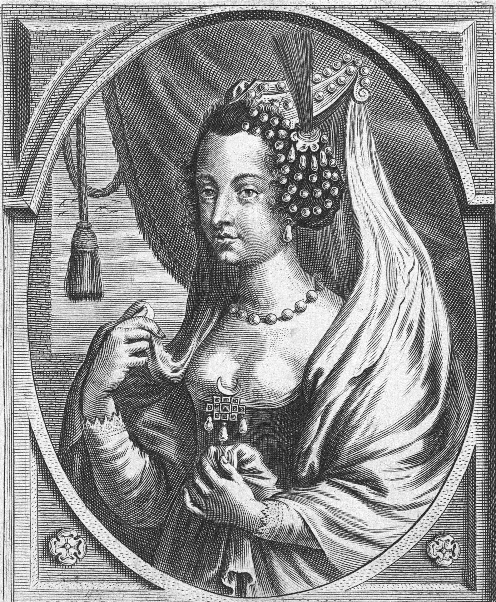 Schwarz-weißes Gravur von Königin Elizabeth I. von England in königlicher Aufmachung, mit einem eleganten Haardutt, Krone und abweisendem Blick.