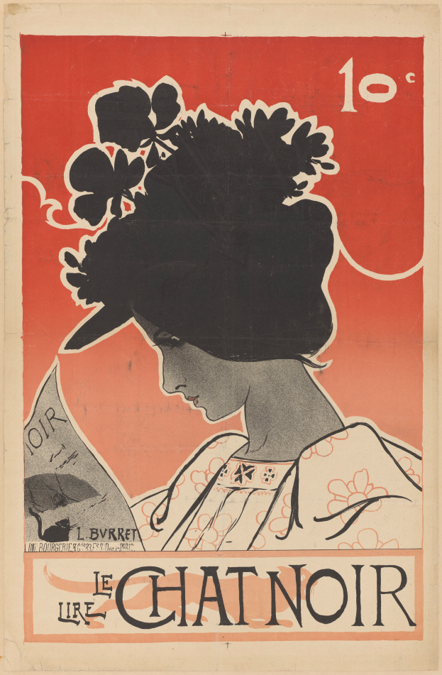 Ein Plakat, das eine Frau mit einer Blume im Haar zeigt, die Augen geschlossen hat und einen friedlichen Ausdruck hat, mit der Aufschrift "Le Chat Noir".