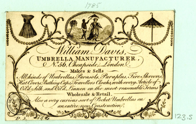 Visitenkarte mit William Davis, einem Schirmhersteller, mit Text über die Dienstleistungen des Unternehmens.