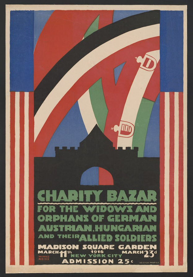 Charity-Bazaar-Plakat für die Witwen und Waisen deutscher, australischer, ungarischer und alliierter Soldaten, mit Text über das Ereignis.