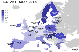 Eine Karte von Europa, die die EU-Mehrwertsteuersätze von 2014 mit Prozentangaben und Textannotationen zeigt.