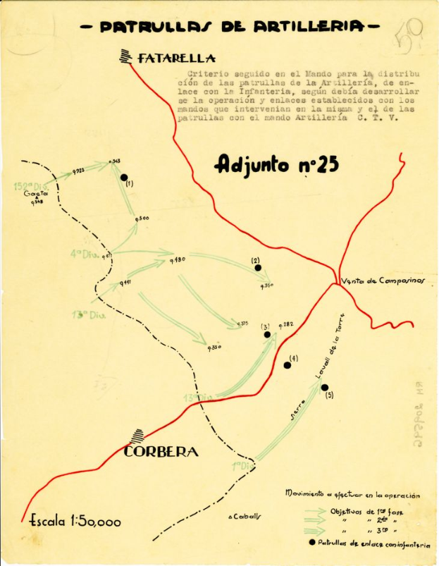 Eine detaillierte Karte der Patrullas de Artilleria auf Papier, die Straßen, Gebäude, Landmarken und Texte mit Namen von Städten und Dörfern zeigt.