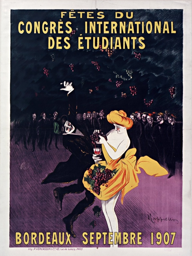 Ein Vintage-Plakat aus dem Jahr 1907, das ein Weinprobe-Event in Bordeaux, Frankreich, bewirbt, zeigt eine Frau in einem gelben Kleid mit einem Glas Wein in der Hand, umgeben von einer Gruppe von Menschen, mit beschreibendem Text.