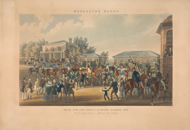 Gruppe von Menschen, die auf Pferden vor einem Gebäude reiten, mit Bäumen und Wolken im Hintergrund und Text unten, der "Doncaster Races, Race for the Great Stakes, 1839" lautet.