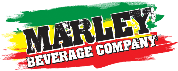 Ein Plakat mit "Marley Beverage Company" in fetter, schwarzer, moderner Schrift auf weißem Hintergrund, umgeben von einem hellgelben Rand, mit einem vintage-Feeling und abgedunkelten Farben von Blau, Grün und Gelb.