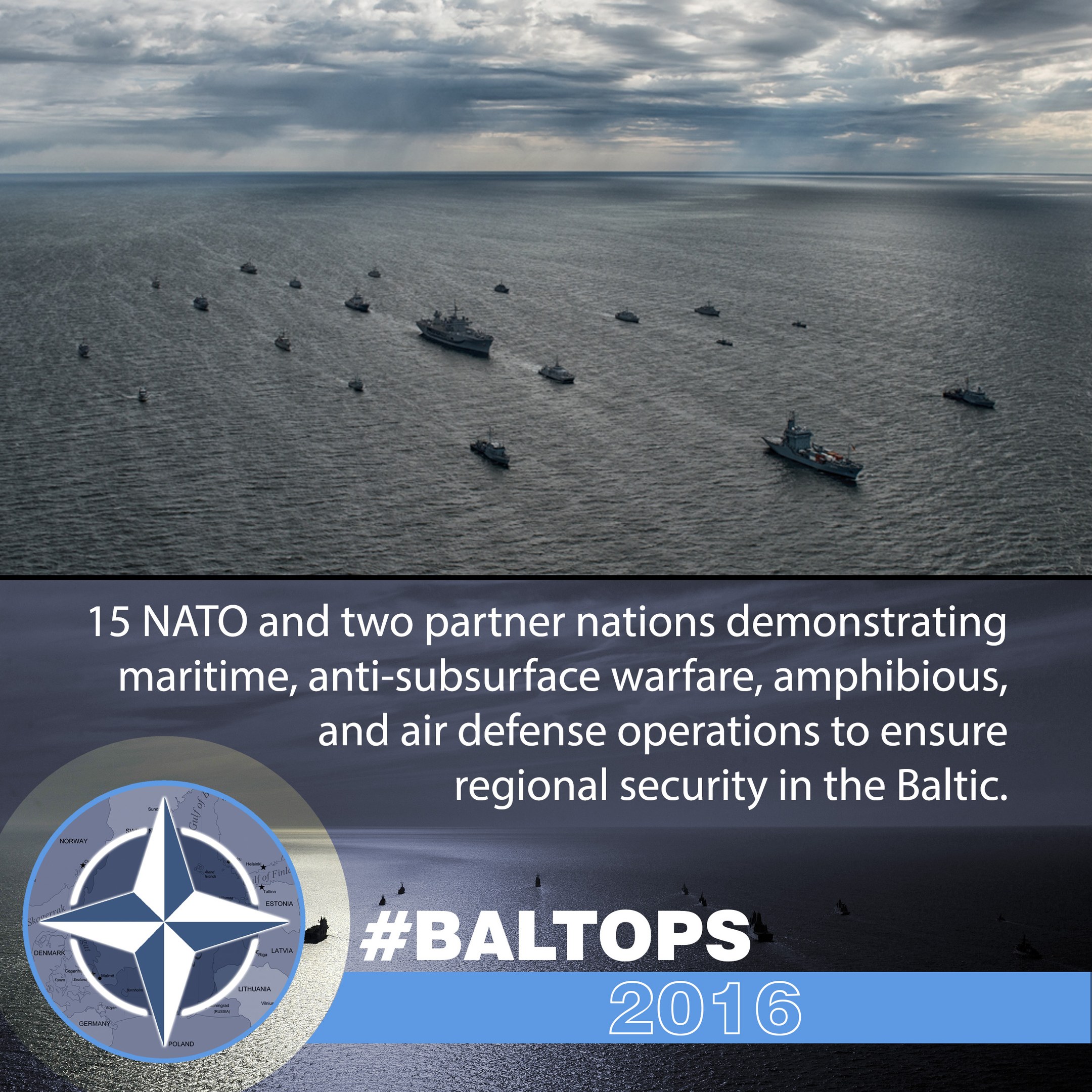Gruppe von Schiffen auf dem Wasser mit bewölktem Himmel, mit Text und Logo über NATO-Maritime- und Verteidigungsoperationen in der Ostsee.