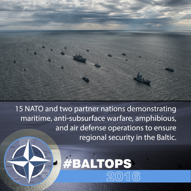 Gruppe von Schiffen auf dem Wasser mit bewölktem Himmel, mit Text und Logo über NATO-Maritime- und Verteidigungsoperationen in der Ostsee.