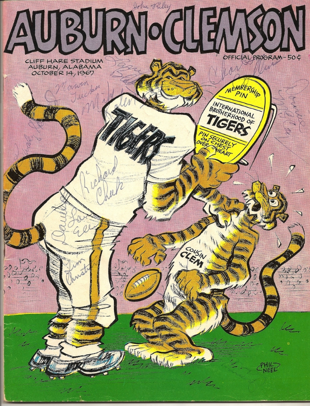 Ein Pamphlet mit zwei Cartoon-Bildern in Gelb, Weiß und Schwarz mit Text.