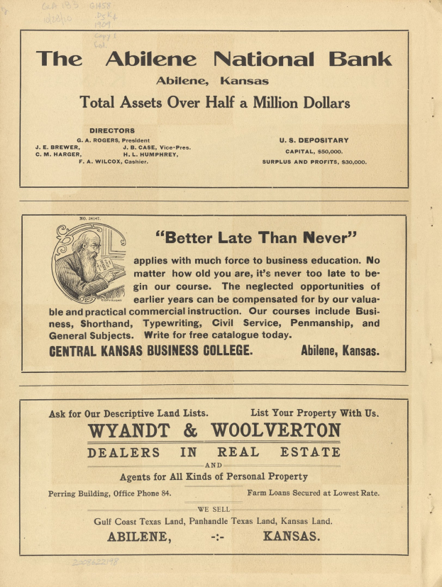 Schwarze und weiße Zeitungsanzeige für die Abilene National Bank mit einem zentralen Porträt und umgebenem Text, der die Bankdienste beschreibt.
