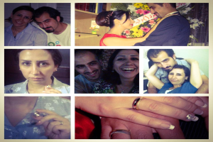 Ein Fotocollage mit einem Mann und einer Frau in Hochzeitsringen, umgeben von Blumen und verschiedenen Gegenständen im Hintergrund.