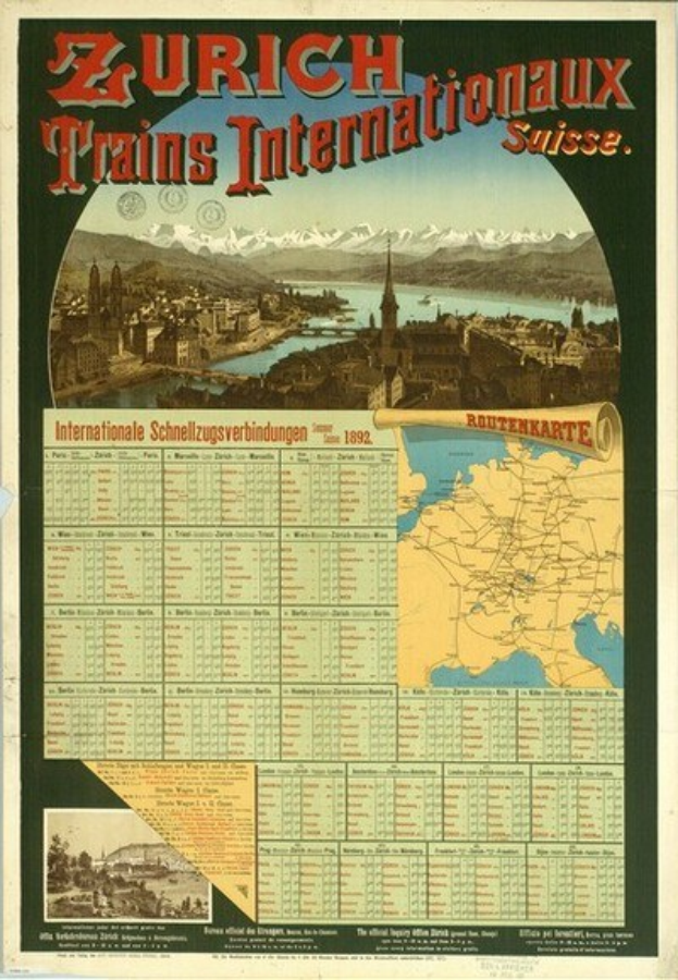 Schwarzes und weißes Plakat, das die Zurich Trains Internationalaux bewirbt, mit einer Stadtkarte, Gebäuden, Wasser und Bergen im Hintergrund und Text.
