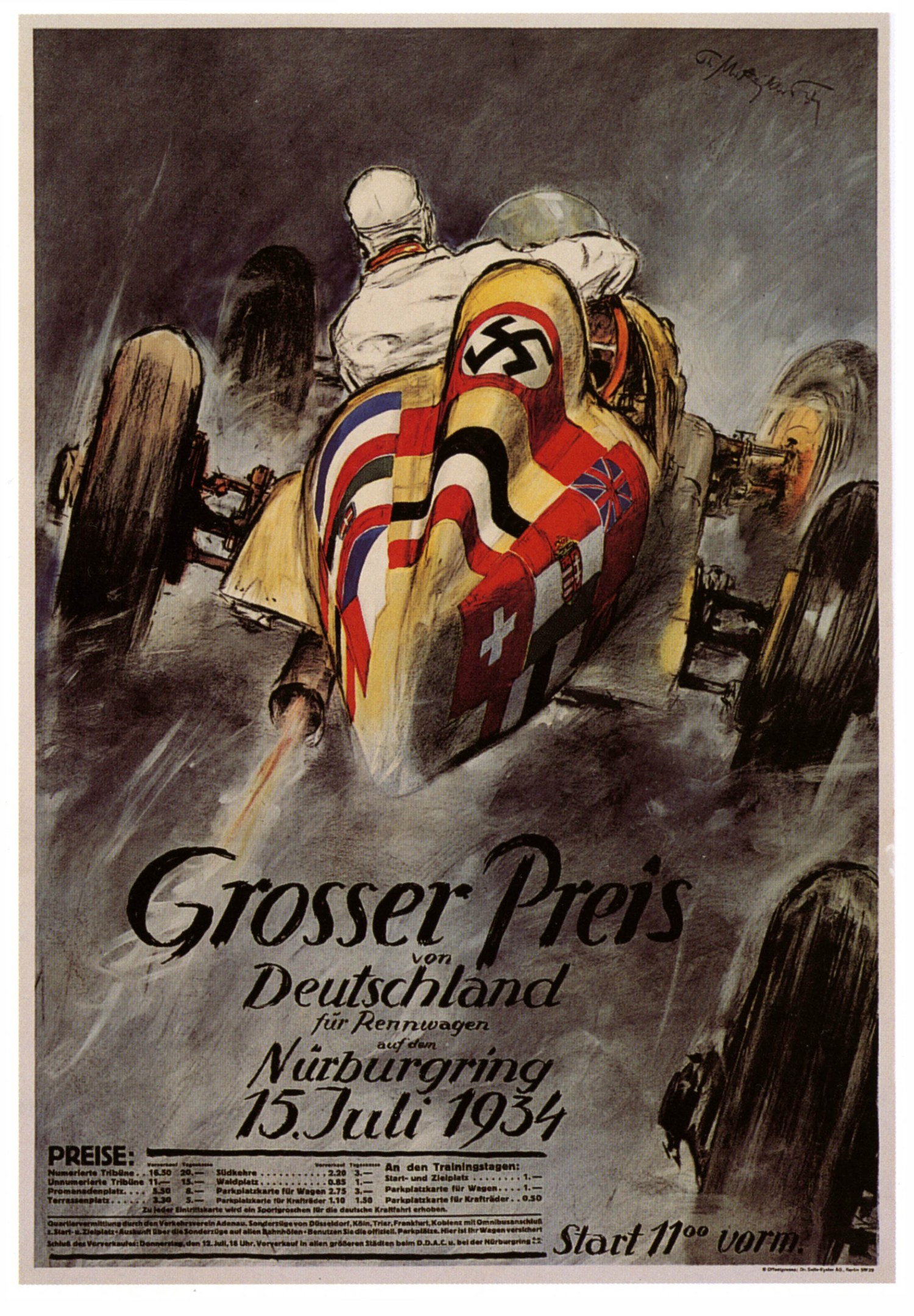 Plakat mit Rennwagen und Hakenkreuzfahne, leuchtend gelb und rot lackiert, schwarz-weiß karierter Kühlerhaube und Fahrer in schwarzem Helm und rot-weiß gestreifter Bluse vor blauem Himmel mit Wolken.