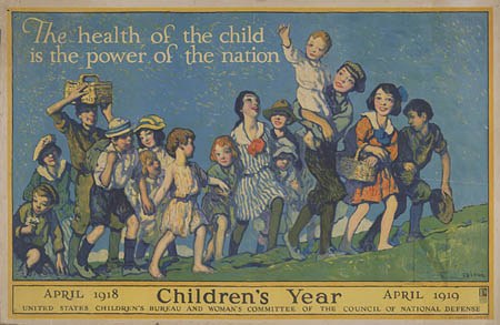 Plakat mit Kindern, die Körbe halten und dem Text "Die Gesundheit des Kindes ist die Macht der Nation" oben drauf.