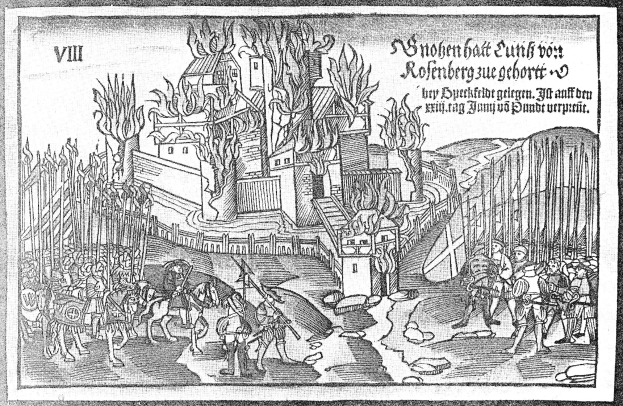 Schwarze und weiße mittelalterliche Zeichnung einer Burg mit Menschen, Pferden, Gebäuden, Bäumen und einem Zaun, begleitet von Text.