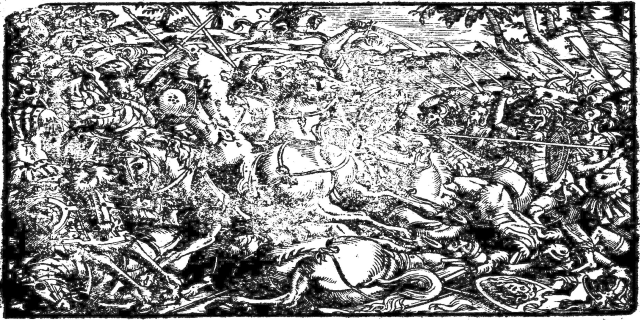 Eine Schwarz-Weiß-Zeichnung eines chaotischen Szenarios mit Menschen und Tieren im Vordergrund, Bäumen im Hintergrund und Text unten.