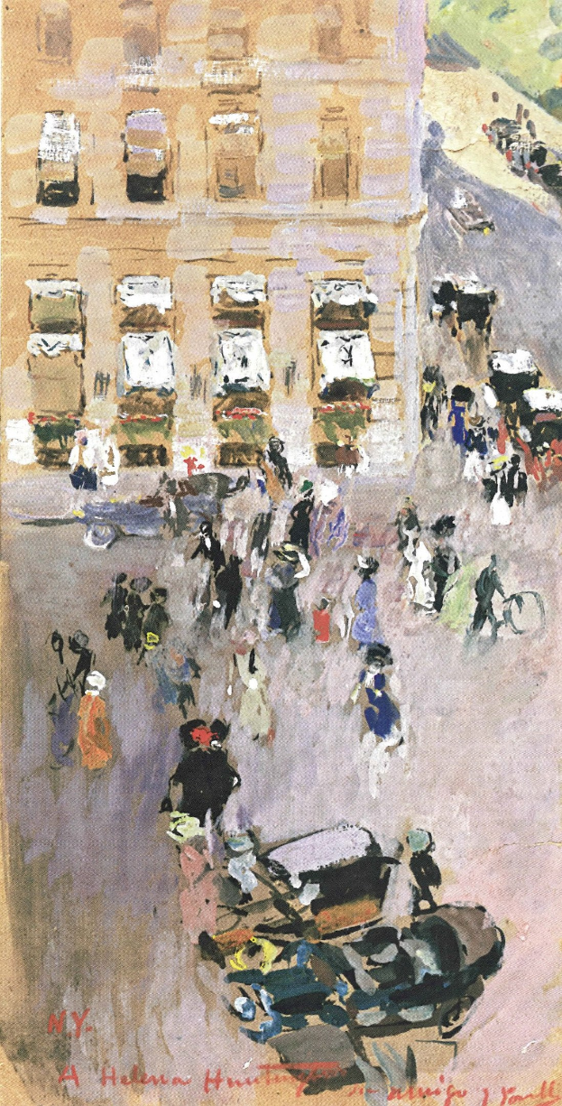 Gemälde einer belebten Straße in New York City mit Fußgängern, Fahrzeugen und einem Gebäude im Hintergrund sowie Text unten.