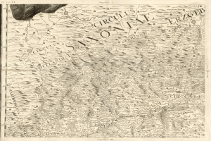 Ein detaillierter alter Sachsenkarte von Deutschland, die geografische Merkmale wie Flüsse, Berge und Städte zeigt, mit begleitendem Text, der regionale Informationen bereitstellt.