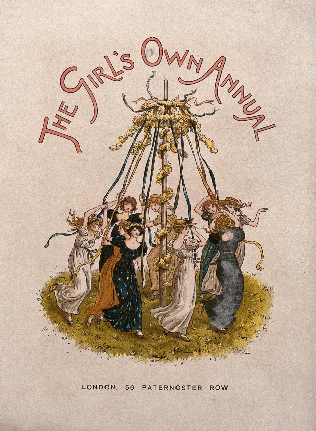 Illustration aus 'The Girl's Own Annual', die eine Gruppe von Menschen in bunten Kleidern um einen geschmückten Maibaum tanzen zeigt.
