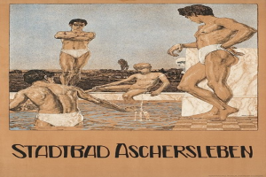 Plakat für ein Schwimmbad in Aschersleben, Deutschland, das Menschen im Wasser zeigt, darunter einen Sitzenden, begleitet von Text über die Einrichtungen des Schwimmbads.