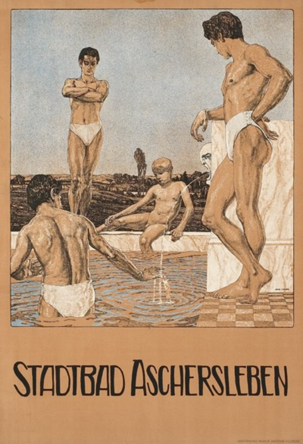 Plakat für ein Schwimmbad in Aschersleben, Deutschland, das Menschen im Wasser zeigt, darunter einen Sitzenden, begleitet von Text über die Einrichtungen des Schwimmbads.