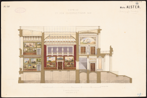 Ein detailliertes Bild eines Opernhauses von außen, geschmückt mit Fenstern, Türen, Säulen und farbenfrohen Gemälden, die das Innere zeigen, mit begleitendem Text, der historische Informationen liefert.