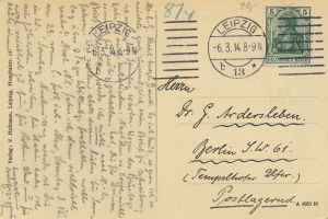 Alte Postkarte mit einer Briefmarke aus Leipzig, Deutschland, an ein Krankenhaus adressiert, mit Text und postalischen Markierungen.