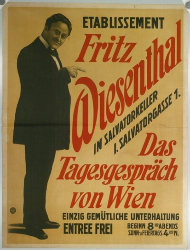 Ein Plakat mit Fritz Diesenthal, einem deutschen Komponisten, in einem schwarzen Anzug und weißem Hemd, mit zurückgekämmtem Haar und einem ernsten Gesichtsausdruck, vor einem weißen Hintergrund mit fetter schwarzer Schrift.
